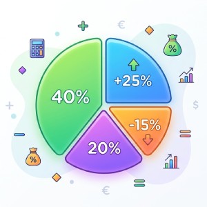 Ilustracja wykresu kołowego w stylu 3D, podzielonego na cztery segmenty. Dwa segmenty reprezentują wartości procentowe (40% i 20%), a dwa zmiany procentowe (+25% i -15%). Wykres otoczony jest ikonami finansowymi, takimi jak kalkulator i worki z pieniędzmi.