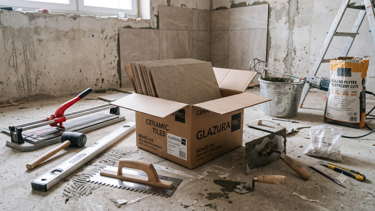 Karton z płytkami ceramicznymi i narzędzia glazurnika